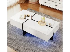 Best Mesa de centro com 3 gavetas 100x50 cm, iluminação LED Bluetooth, tampo em folheado de mármore Mesa De Centro
