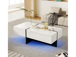 Best Mesa de centro com 3 gavetas 100x50 cm, iluminação LED Bluetooth, tampo em folheado de mármore Mesa De Centro