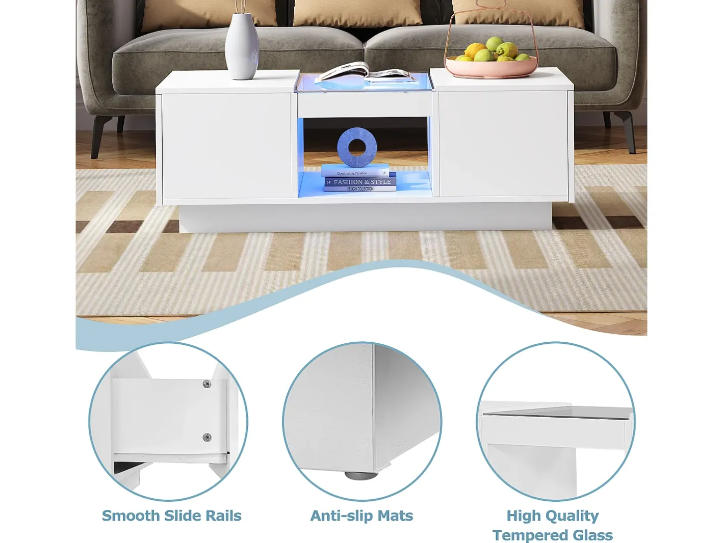 Sale Mesa de centro com LED - 2 gavetas e 1 compartimento aberto - Mesa De Centro