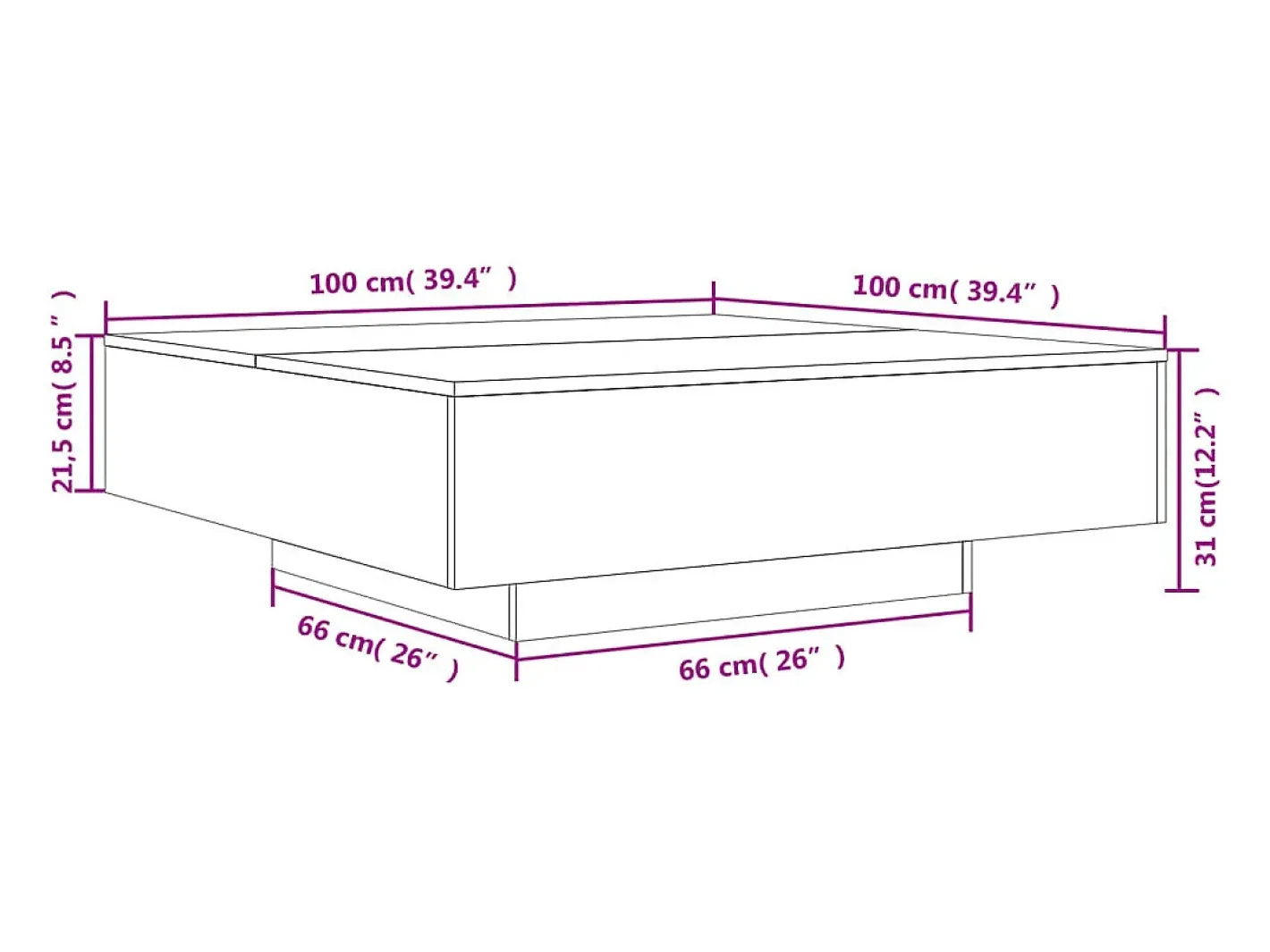 vidaxl Mesa De Centro*Mesa de centro com luzes LED 100x100x31 cm sonoma Cinzento