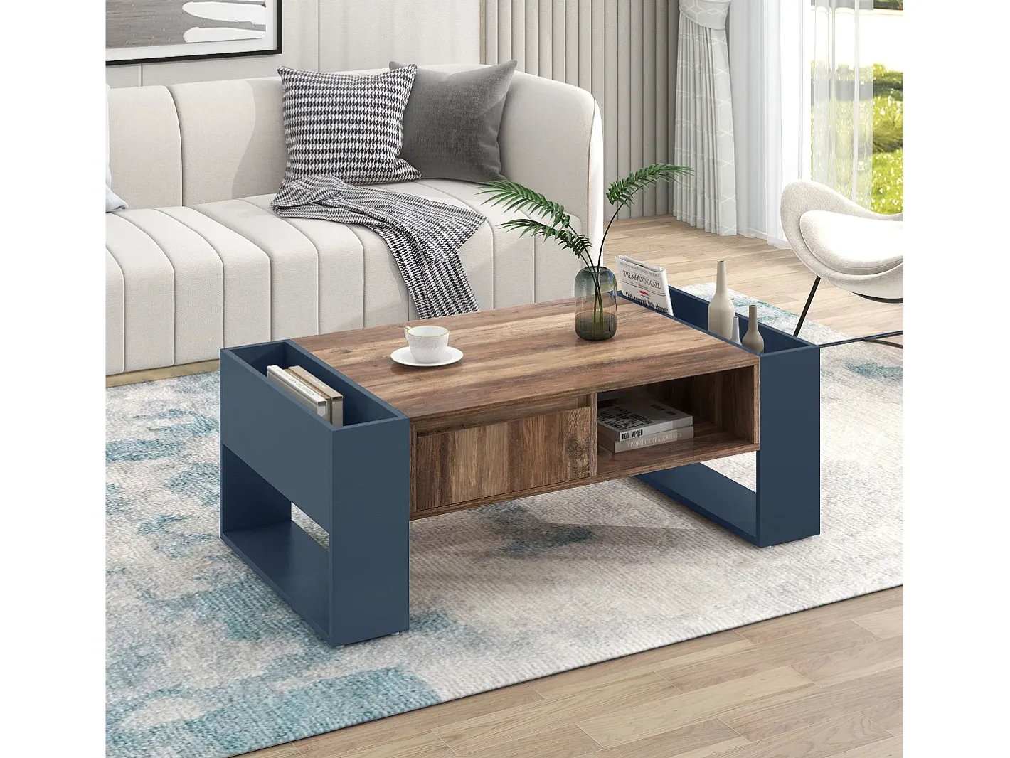 Mesa de centro com uma gaveta - estilo industrial - Castanho e Preto^ModernLuxe Discount