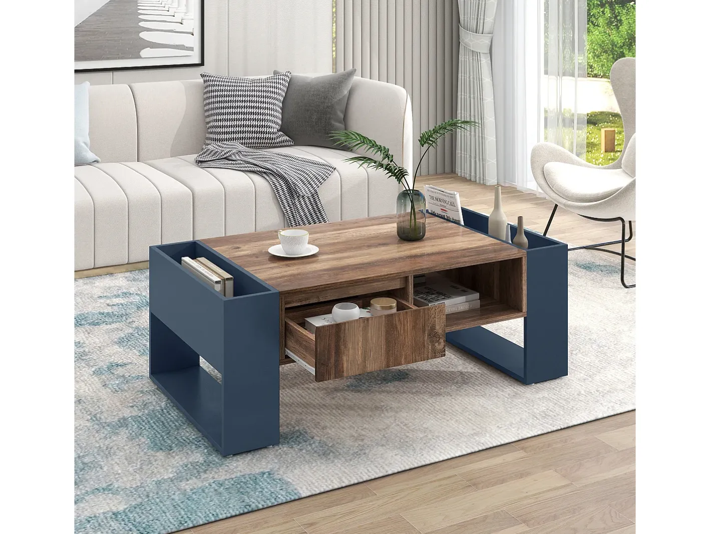 Mesa de centro com uma gaveta - estilo industrial - Castanho e Preto^ModernLuxe Discount