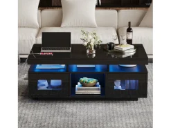 Mesa de centro de alto brilho 100x50x43cm - com 2 portas - iluminação LED - com porta de carregamento e tomada - preta^ModernLuxe Sale