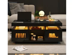 Mesa de centro de alto brilho 100x50x43cm - com 2 portas - iluminação LED - com porta de carregamento e tomada - preta^ModernLuxe Sale
