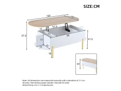 Hot Mesa de centro elevatória 120x50x43 cm - com armazenamento - Pés de metal - MDF - Branco + Natural Mesa De Centro