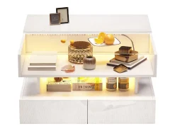 Mesa de centro elevatória 80x80x45 cm - 2 gavetas - com LED - Acabamento brilhante - Vidro temperado -*ModernLuxe Online