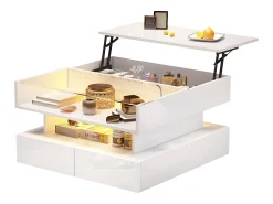 Mesa de centro elevatória 80x80x45 cm - 2 gavetas - com LED - Acabamento brilhante - Vidro temperado -*ModernLuxe Online