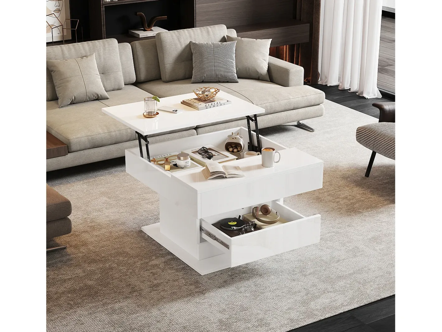 Mesa de centro elevatória 70x70x45cm - Tampos giratórios 360° - com 1 gaveta - Armazenamento oculto - Acabamento brilhante -*ModernLuxe Clearance