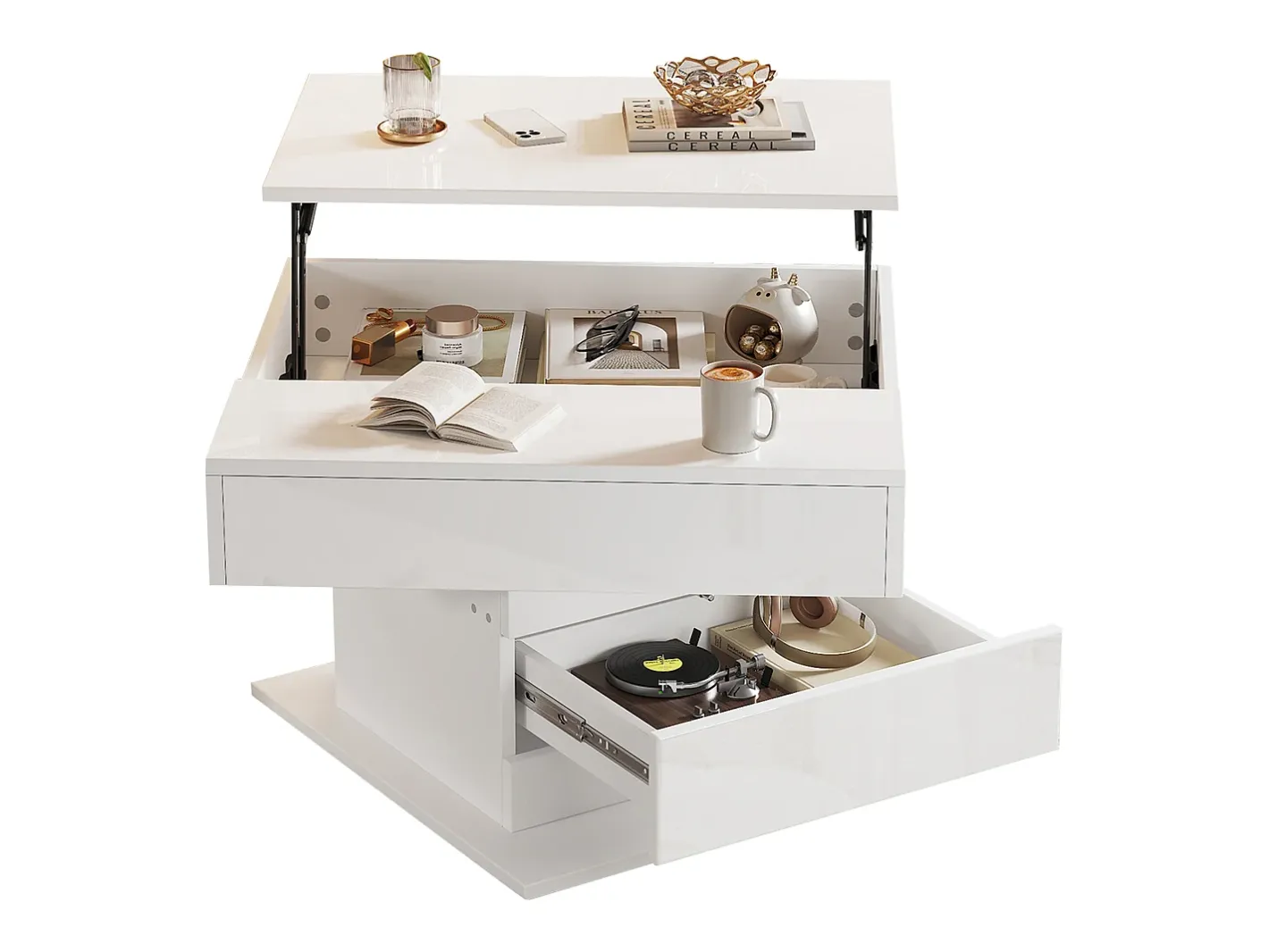 Mesa de centro elevatória 70x70x45cm - Tampos giratórios 360° - com 1 gaveta - Armazenamento oculto - Acabamento brilhante -*ModernLuxe Clearance