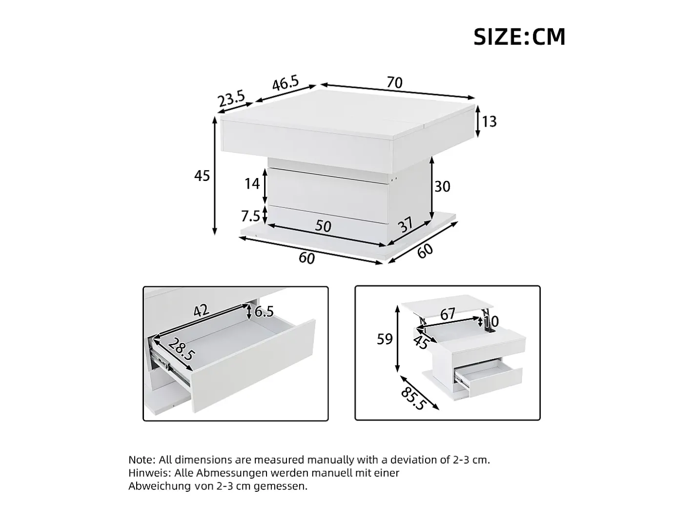 Mesa de centro elevatória 70x70x45cm - Tampos giratórios 360° - com 1 gaveta - Armazenamento oculto - Acabamento brilhante -*ModernLuxe Clearance