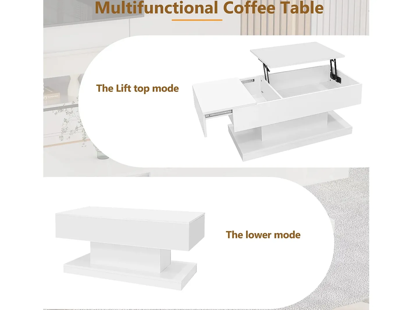 Mesa de centro elevável com LED - com espaço de arrumação e tampo semi-elevável -^ModernLuxe Hot