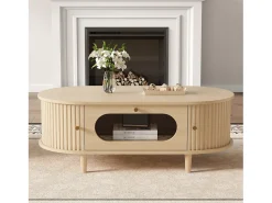 Sale Mesa de centro em madeira com efeito de madeira 100x50x36 cm - 1 gaveta e 2 portas de correr - MDF - Natural Mesa De Centro