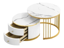 Best Mesa de centro encaixável com 2 gavetas - Tampo redondo com efeito mármore - e dourado Mesa De Centro