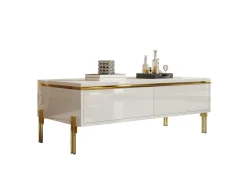 Hot Mesa de centro envernizada brilhante 100x50x36 cm - 2 gavetas - Pés de metal - Painéis de partículas - Mesa De Centro