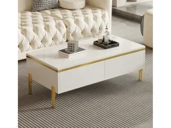 Hot Mesa de centro envernizada brilhante 100x50x36 cm - 2 gavetas - Pés de metal - Painéis de partículas - Mesa De Centro