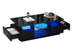 Outlet Mesa de centro envernizada brilhante 100x50x36 cm - con LED - 2 gavetas e espaço de armazenamento aberto - painéis de partículas - Mesa De Centro