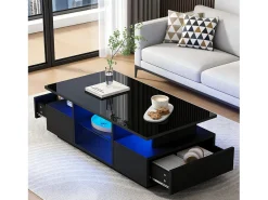 Outlet Mesa de centro envernizada brilhante 100x50x36 cm - con LED - 2 gavetas e espaço de armazenamento aberto - painéis de partículas - Mesa De Centro
