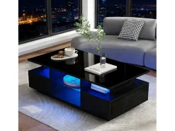 Outlet Mesa de centro envernizada brilhante 100x50x36 cm - con LED - 2 gavetas e espaço de armazenamento aberto - painéis de partículas - Mesa De Centro