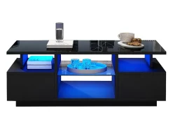 Outlet Mesa de centro envernizada brilhante 100x50x36 cm - con LED - 2 gavetas e espaço de armazenamento aberto - painéis de partículas - Mesa De Centro