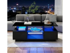 Outlet Mesa de centro envernizada brilhante 100x50x36 cm - con LED - 2 gavetas e espaço de armazenamento aberto - painéis de partículas - Mesa De Centro