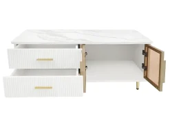 Sale Mesa de centro escandinava - 2 gavetas e 2 portas - LED integrado - folheado com padrão mármore - Mesa De Centro