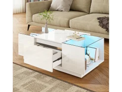 Online Mesa de centro moderna 105×50×35 cm - tampo de vidro - com iluminação LED - 2 gavetas - prateleiras abertas - Mesa De Centro