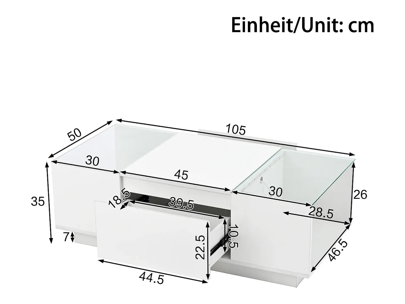 Online Mesa de centro moderna 105×50×35 cm - tampo de vidro - com iluminação LED - 2 gavetas - prateleiras abertas - Mesa De Centro