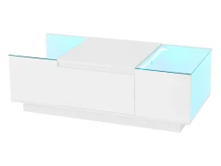 Online Mesa de centro moderna 105×50×35 cm - tampo de vidro - com iluminação LED - 2 gavetas - prateleiras abertas - Mesa De Centro