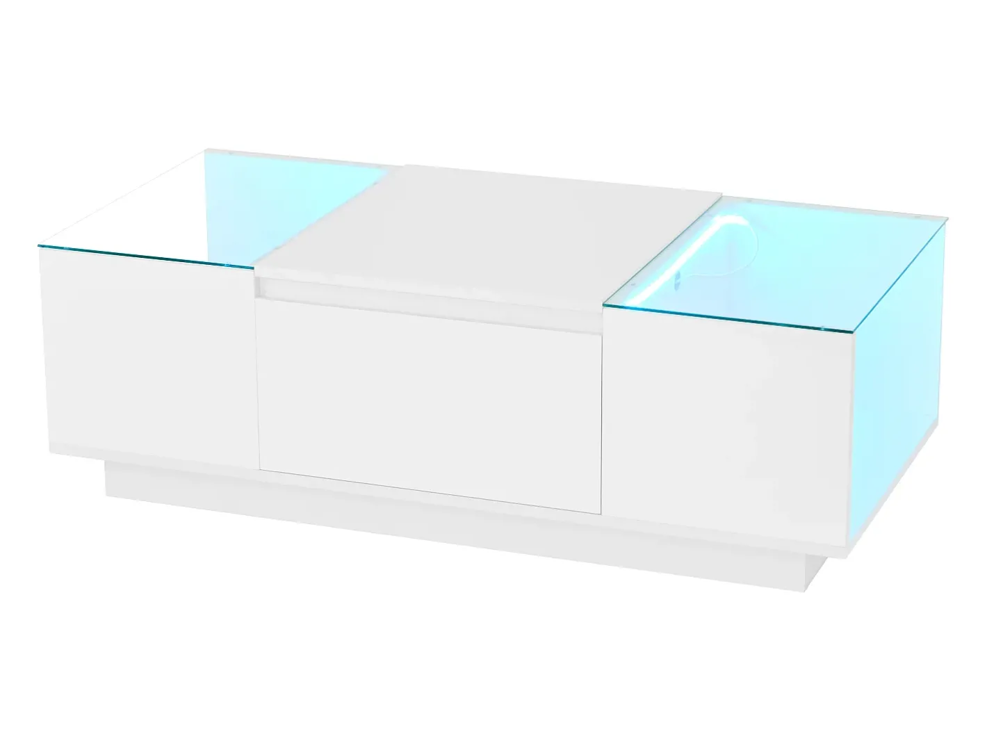 Online Mesa de centro moderna 105×50×35 cm - tampo de vidro - com iluminação LED - 2 gavetas - prateleiras abertas - Mesa De Centro