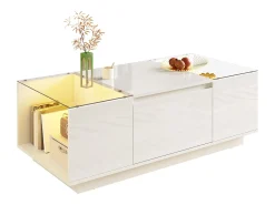 Online Mesa de centro moderna 105×50×35 cm - tampo de vidro - com iluminação LED - 2 gavetas - prateleiras abertas - Mesa De Centro
