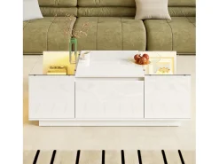 Online Mesa de centro moderna 105×50×35 cm - tampo de vidro - com iluminação LED - 2 gavetas - prateleiras abertas - Mesa De Centro