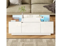 Online Mesa de centro moderna 105×50×35 cm - tampo de vidro - com iluminação LED - 2 gavetas - prateleiras abertas - Mesa De Centro