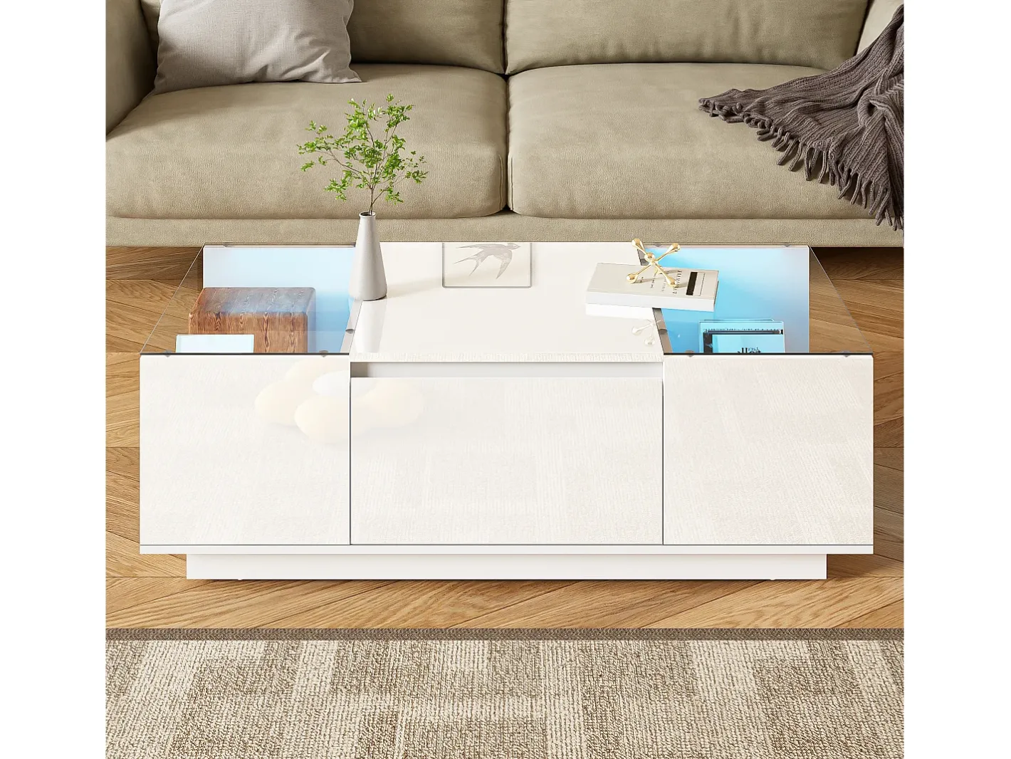 Online Mesa de centro moderna 105×50×35 cm - tampo de vidro - com iluminação LED - 2 gavetas - prateleiras abertas - Mesa De Centro
