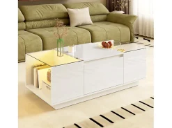 Online Mesa de centro moderna 105×50×35 cm - tampo de vidro - com iluminação LED - 2 gavetas - prateleiras abertas - Mesa De Centro