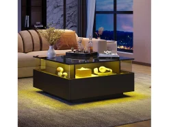 Best Mesa de centro moderna com 2 gavetas e espaço transparente - 70 x 70 x 41 cm - LEDs - Aglomerado - brilhante Mesa De Centro