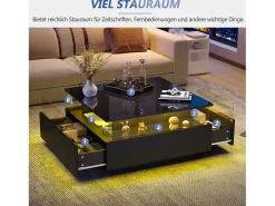 Best Mesa de centro moderna com 2 gavetas e espaço transparente - 70 x 70 x 41 cm - LEDs - Aglomerado - brilhante Mesa De Centro