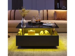 Best Mesa de centro moderna com 2 gavetas e espaço transparente - 70 x 70 x 41 cm - LEDs - Aglomerado - brilhante Mesa De Centro