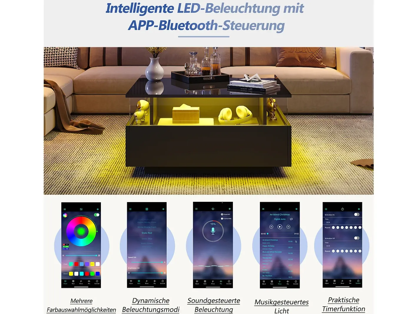 Best Mesa de centro moderna com 2 gavetas e espaço transparente - 70 x 70 x 41 cm - LEDs - Aglomerado - brilhante Mesa De Centro