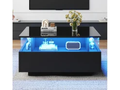 Best Mesa de centro moderna com 2 gavetas e espaço transparente - 70 x 70 x 41 cm - LEDs - Aglomerado - brilhante Mesa De Centro