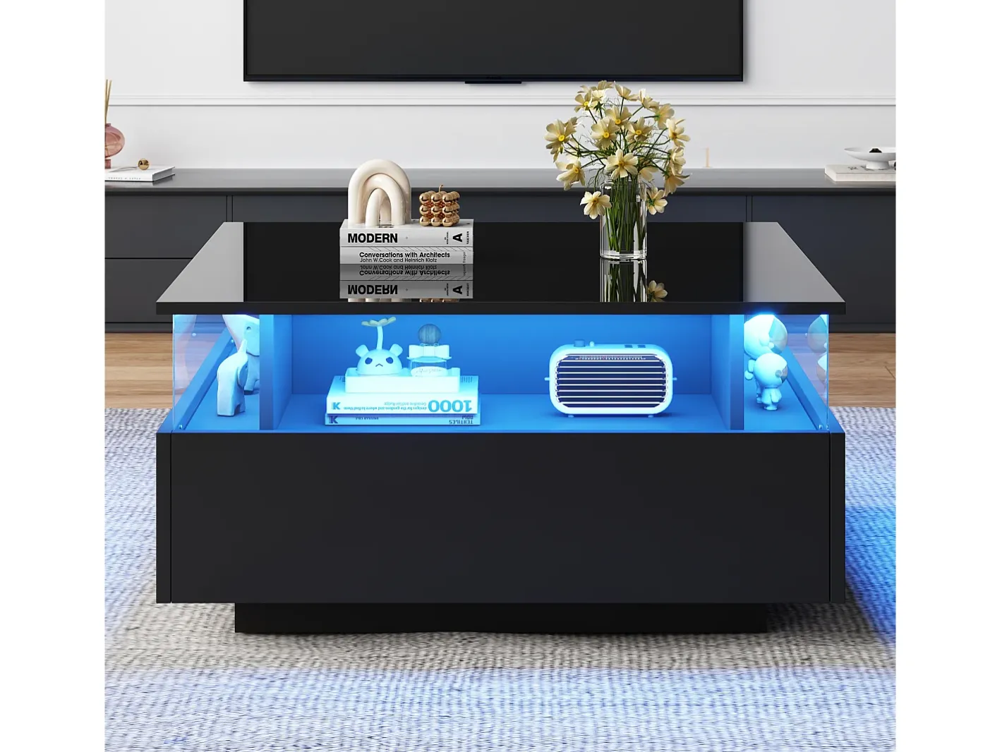 Best Mesa de centro moderna com 2 gavetas e espaço transparente - 70 x 70 x 41 cm - LEDs - Aglomerado - brilhante Mesa De Centro