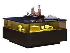 Best Mesa de centro moderna com 2 gavetas e espaço transparente - 70 x 70 x 41 cm - LEDs - Aglomerado - brilhante Mesa De Centro