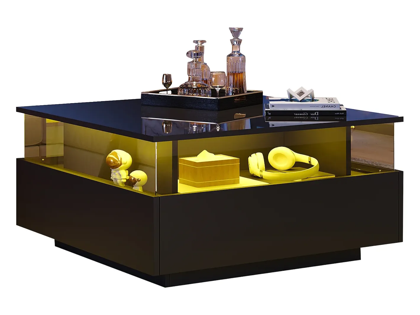 Best Mesa de centro moderna com 2 gavetas e espaço transparente - 70 x 70 x 41 cm - LEDs - Aglomerado - brilhante Mesa De Centro