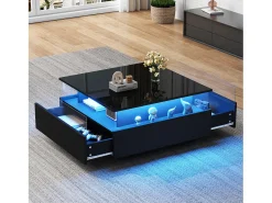 Best Mesa de centro moderna com 2 gavetas e espaço transparente - 70 x 70 x 41 cm - LEDs - Aglomerado - brilhante Mesa De Centro
