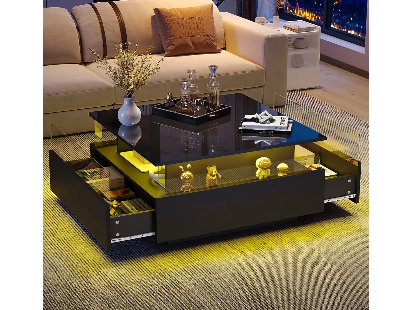 Best Mesa de centro moderna com 2 gavetas e espaço transparente - 70 x 70 x 41 cm - LEDs - Aglomerado - brilhante Mesa De Centro