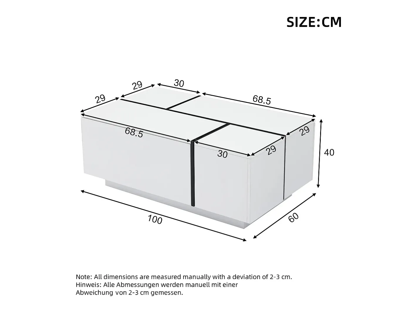 Outlet Mesa de centro moderna 100x60x40cm - acabamento brilhante - com 4 gavetas - branca Mesa De Centro