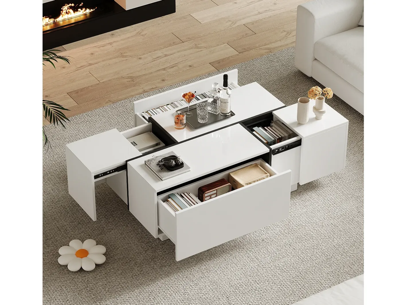Outlet Mesa de centro moderna 100x60x40cm - acabamento brilhante - com 4 gavetas - branca Mesa De Centro