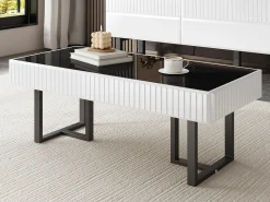 Best Mesa de centro moderna 110x50.5x41 cm - Tampo preto brilhante - Estrutura de ferro - MDF + painéis de partículas - Preto e branco Mesa De Centro