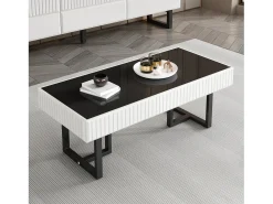 Best Mesa de centro moderna 110x50.5x41 cm - Tampo preto brilhante - Estrutura de ferro - MDF + painéis de partículas - Preto e branco Mesa De Centro