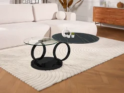 Mesa de centro modular em vidro temperado, cerâmica e metal - Efeito mármore preto - JOLINE^Maison Céphy Outlet