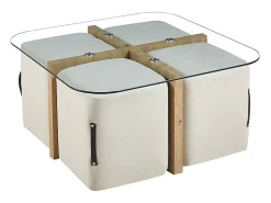Best Mesa de centro QUADORA – Quadrada 90x90 cm – Vidro & carvalho envelhecido – Com 4 pufes brancos – Design prático e elegante Mesa De Centro